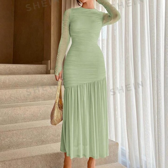 SHEIN Aloruh Patchwork Mesh & Pleated Waist Cinched Dress - Picture 3 of 5